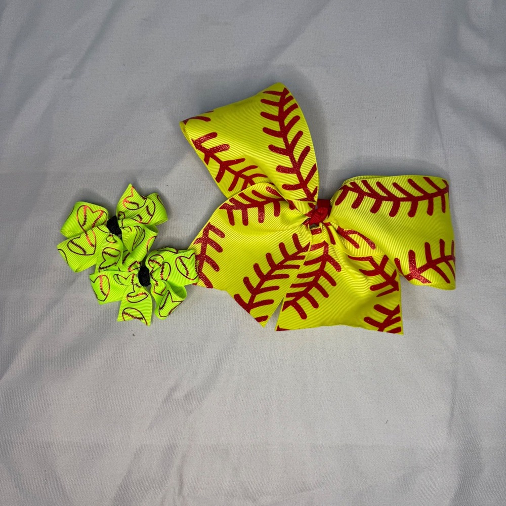Softball Hair Bow Set Large Yellow Cheer Bow and 2 Green Heart Pigtail Clips